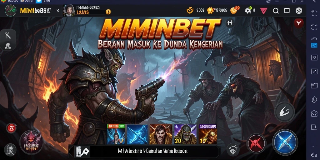 Screenshot gameplay MIMINBET menampilkan suasana menyeramkan dan karakter menyeramkan.